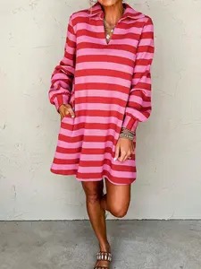 Women's Casual Colorblock Striped Loose Long Sleeve Shirt Collar Lantern Sleeve Dress, Spring/Autumn