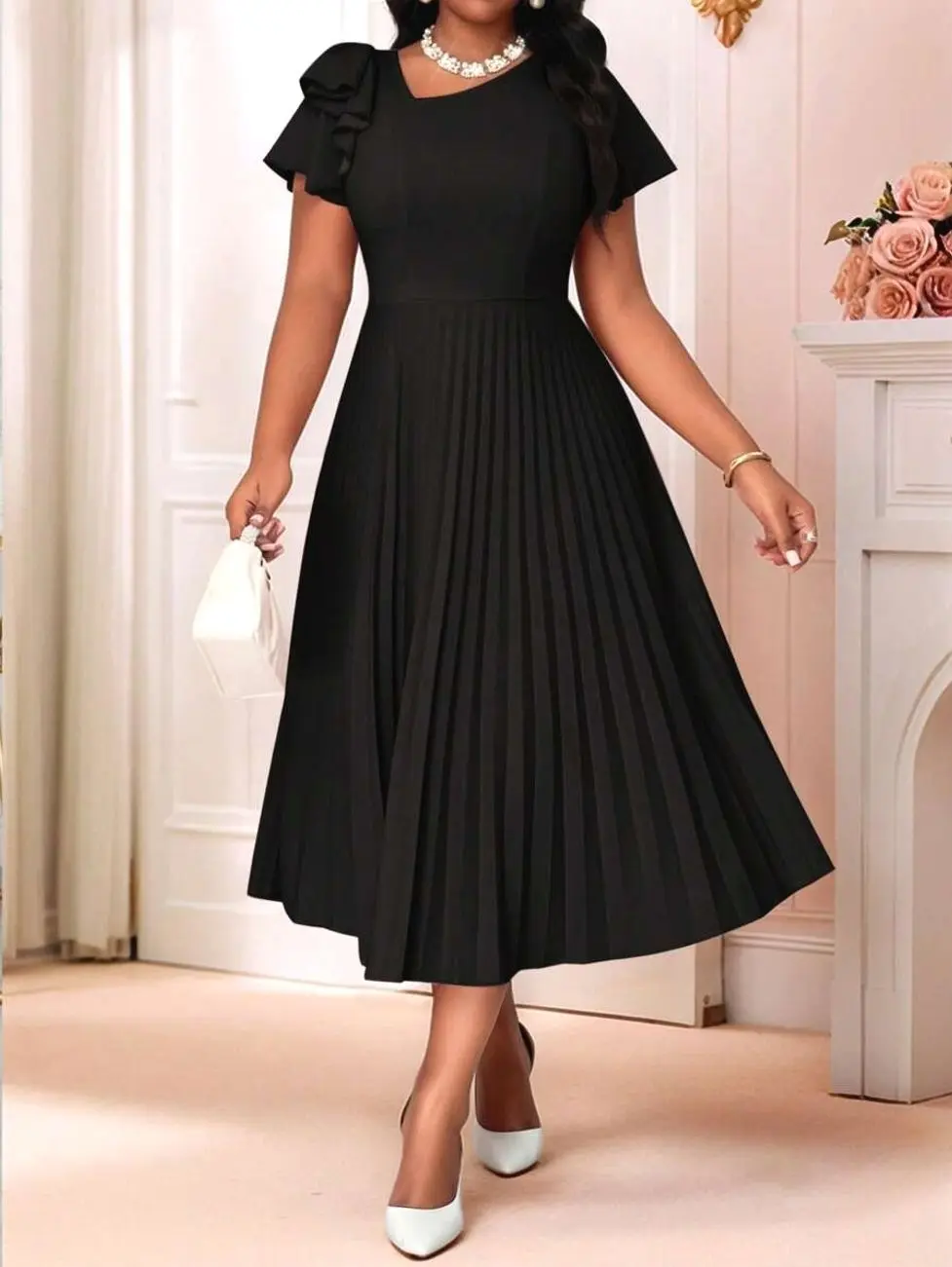 Elegant Dusty Pink Wedding Cocktail Mother Of The Bride Ninang Plus Size Dresses Modest Knitted Round Neck Flared Flounce Sleeve Pleated