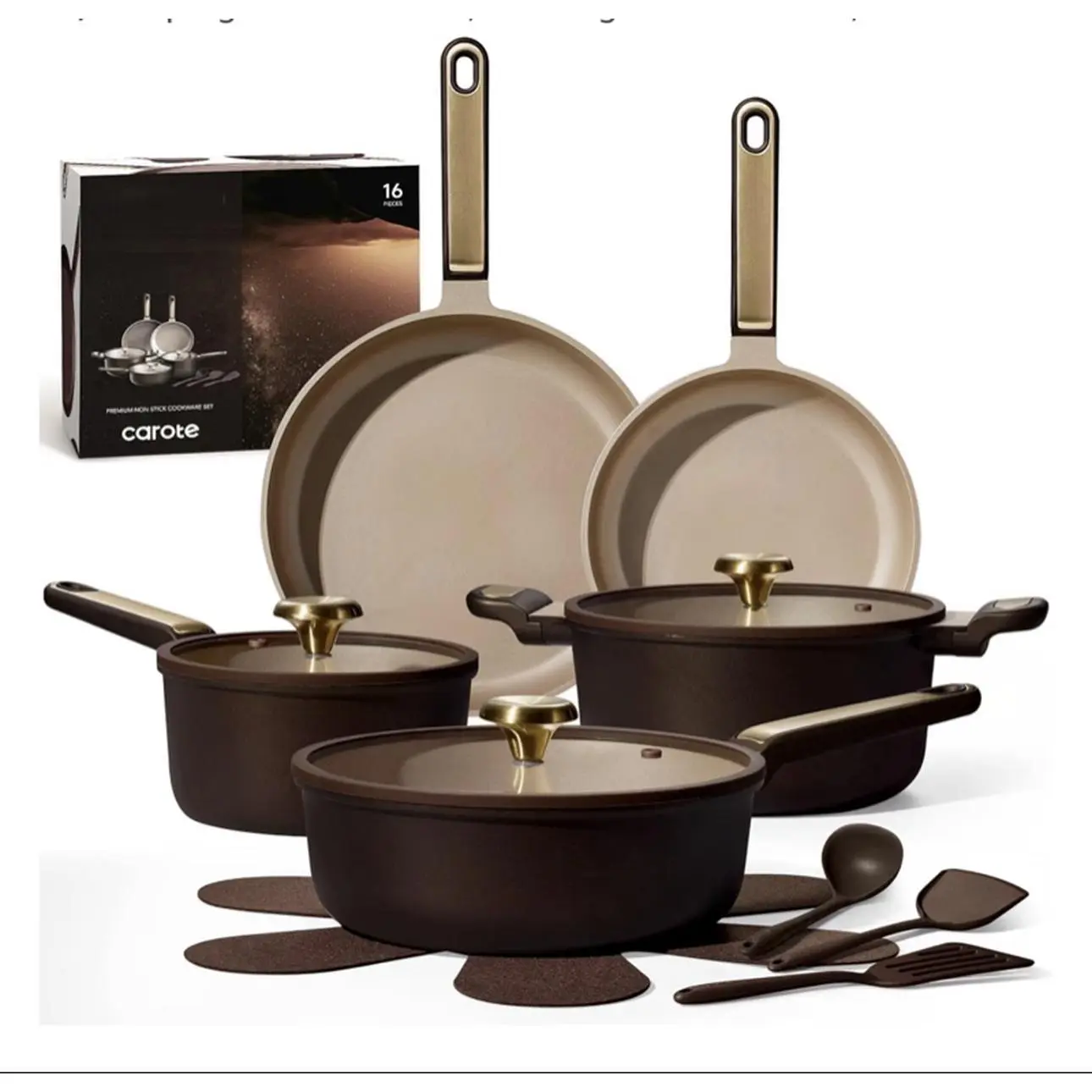 CAROTE 16pcs Nonstick Cookware Set Brown Pots and Pans with Lids Non-Toxic PFOA PFOS-Free Dishwasher Safe RV Camping Gear