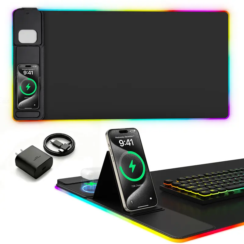 XXL Gaming Mouse Pad with Magnetic Wireless Charging, RGB Black Mousepad Desk Mat with 15W Fast Charger, Waterproof Laptop Writing for Office, Home, Gaming Desktop Accessory shopblackfriday Christmas 【Christmas】 game Foldable