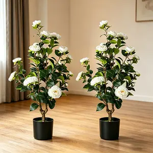 2-Pack 3-ft Artificial Camellia Potted Trees, White Flower Fake Plants for Indoor & Outdoor Family Garden Home Decor