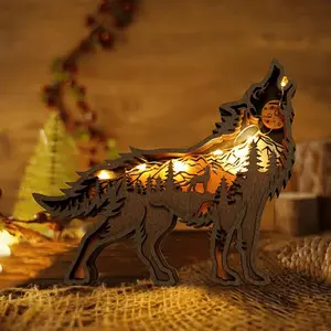 Drawelry 3D Wolf Wood Carving Animals Lamp Home Decorative Cute Bear Family Elephant Presents Ideas Christmas Living Room Office Decor Warm LED Night Lights Gift for Friend Daughter Son Mom Dad Novelty