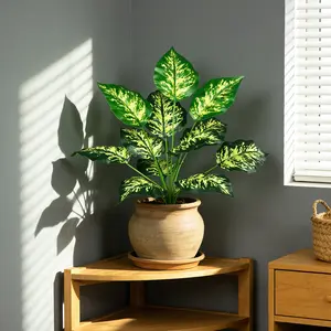 43cm 12Leaves Artificial Monstera Plants Fake Palm Leaves Tropical Plastic Plant Faux Maranta Tree Branch Realistic Canna Leaves For Home Garden Balcony Decor without pot 1pc, Lifelike Fake Plant