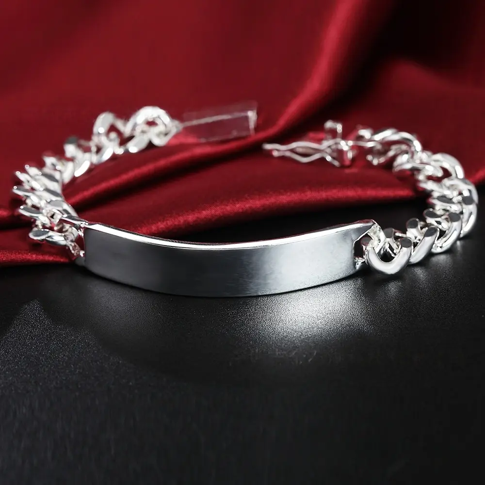 solid curb chain bracelet for men, thick cuban chain id wristband, polished silver custom engraving bracelet, blank bar engrave wrist jewelry, heavy duty mens identity bracelet, 20cm mens silver bracelet, 10mm wide cuban link wrist band