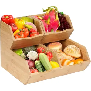 Bamboo Stackable Pantry Storage Bins, Kitchen Pantry Organizers and Storage, Potato and Onion Storage Bin, Wood Pantry Baskets for Produce, Fruits, Vegetable and Bread, Set 3 Pieces