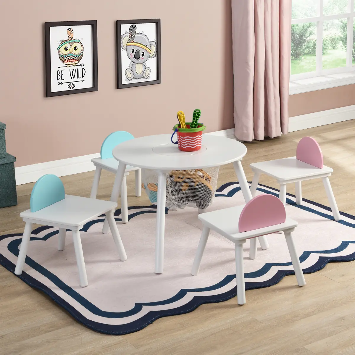 Aobtkel Children's Panel Table Set with 4 Chairs, Child-Friendly Dining Table, Kid-Safe Indoor Furniture Desk, Child-Friendly Dining Tables, Kid-Safe Dining Tables