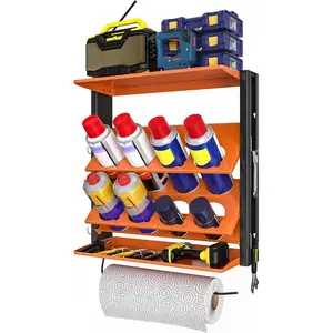 Wall-Mounted Spray Bottle Holder, Aerosol Spray Can Holder, Heavy Duty Paint Bottle Organizer with 8 Can Holes 80 LBS, Utility Storage Rack with Paper Towel Holder for Garage, Shop or Tool Trailer