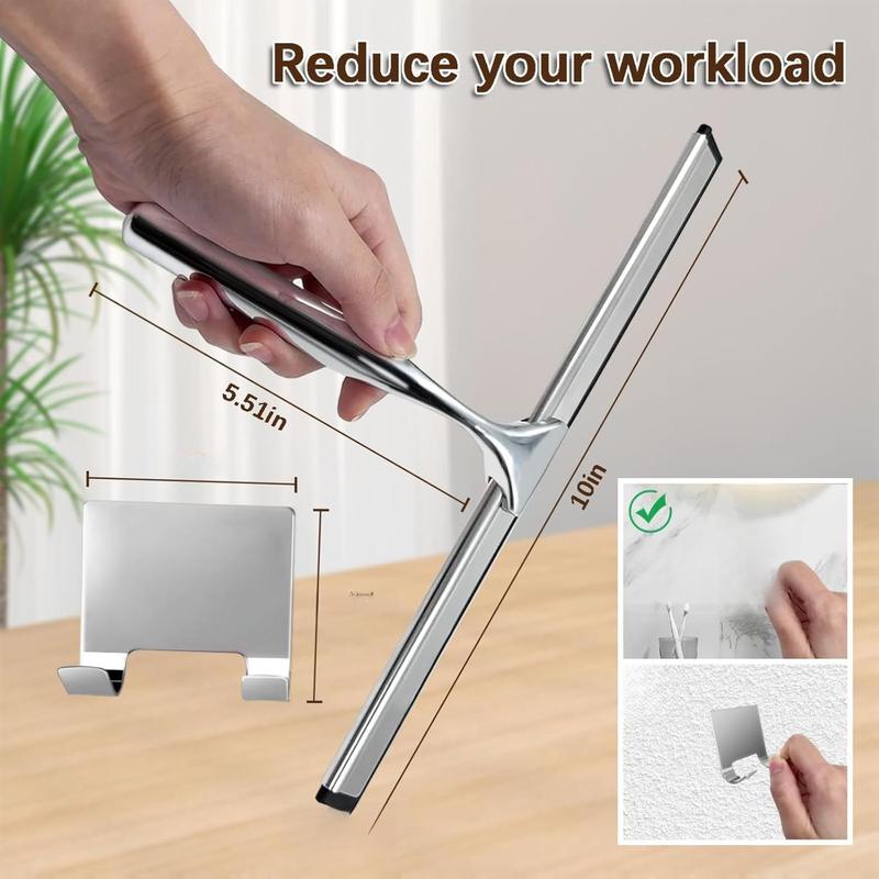 Shower Squeegee for Glass Doors, Stainless Steel Squeegee for Shower Glass with Adhesive Hook, 10’’ Multi-Purpose Window Squeegee for Window Cleaning, Bathroom, Glass, Car Windows, Mirrors, Tiles