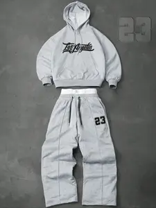 Men's preppy two-piece tracksuit: a hooded sweatshirt and drawstring trousers, decorated with letter and number patterns, perfect for fall and winter, Sweat Suit Set