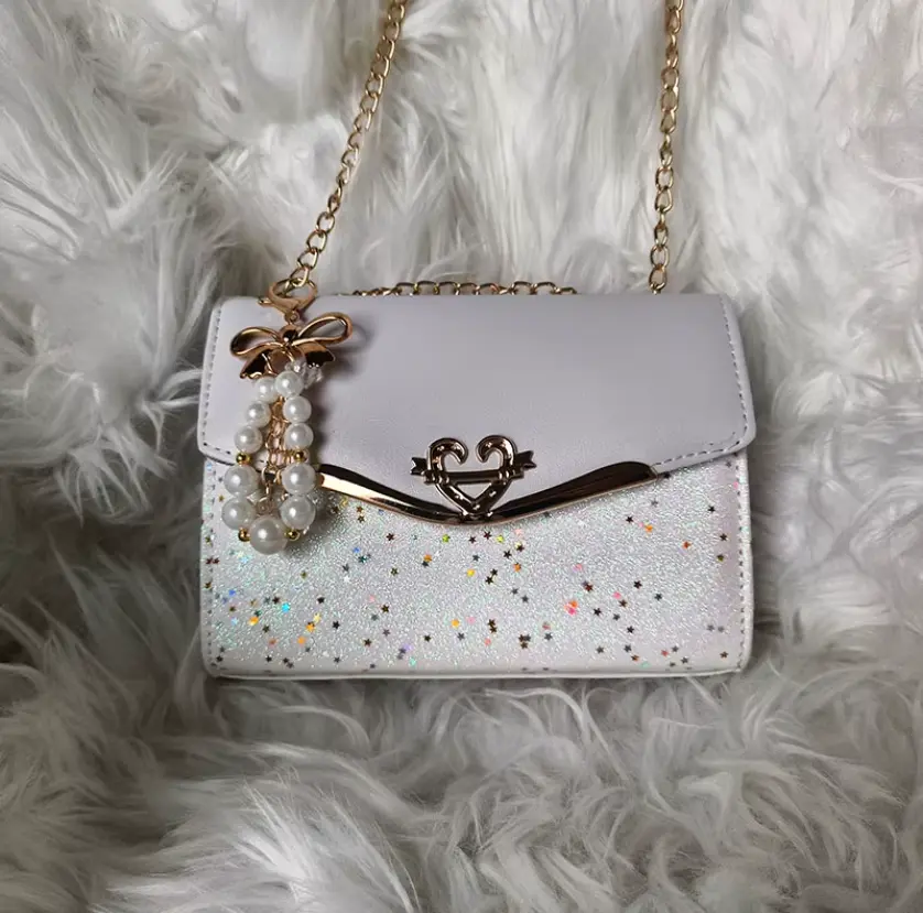 Ultimate Princess Purse w/ Glitter Design with Pearl Charm & Gold Heart Buckle Messenger Bag