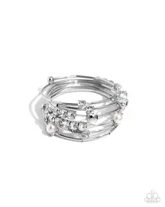 Showtime Sparkle - White Pearl Gem Silver Coil Bracelet - Paparazzi
