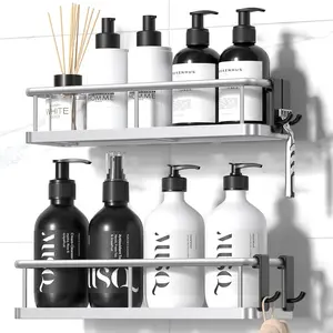 Silver Shower Caddy Adhesive, 2 Pack - No Drill Bathroom Shower Organizers with Removable Hooks and Rust-Proof Shelves