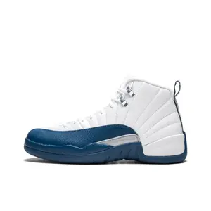 White and French Blue High-Top Retro Basketball Shoes with Pebbled Leather and Textured Leather Upper, Silver Metallic Lace Locks