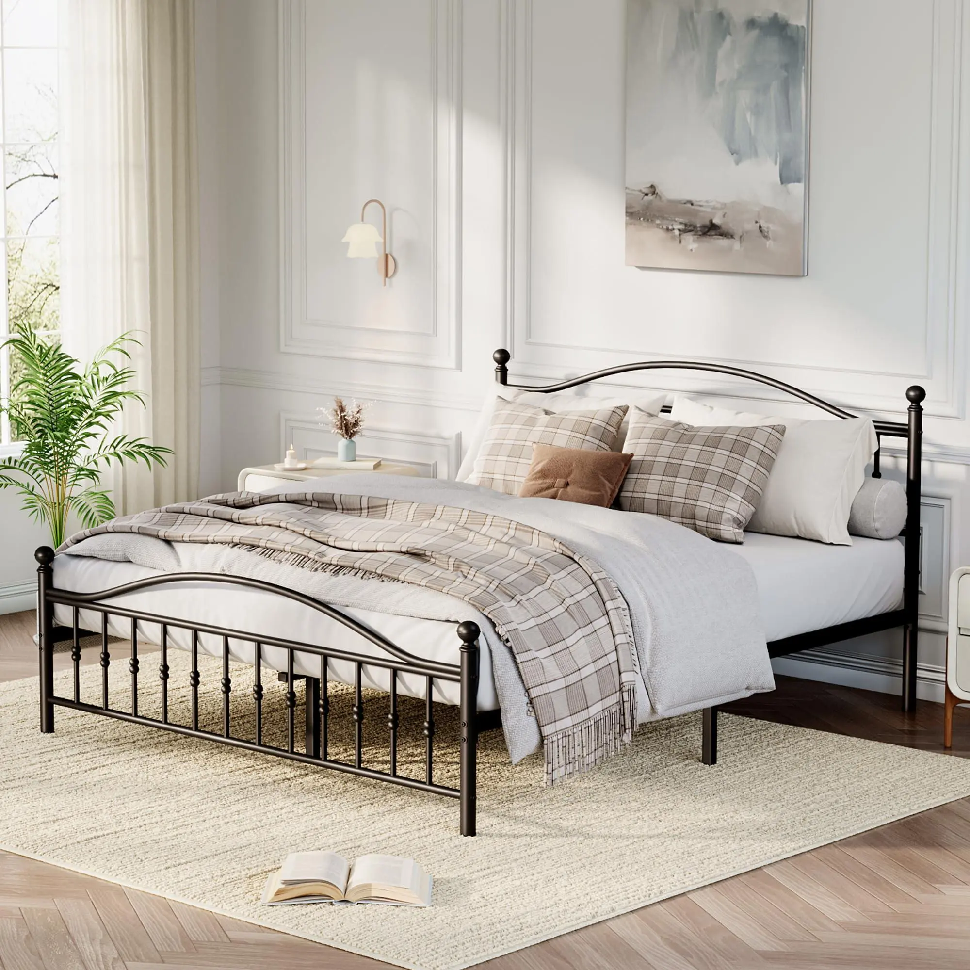 Garvee Queen Size Iron Frame Bed, Vintage Circular Headboard & Footboard, Heavy-Duty Platform Bed, Noise-Free Design, Easy Setup, No Box Spring Needed, Black Finish