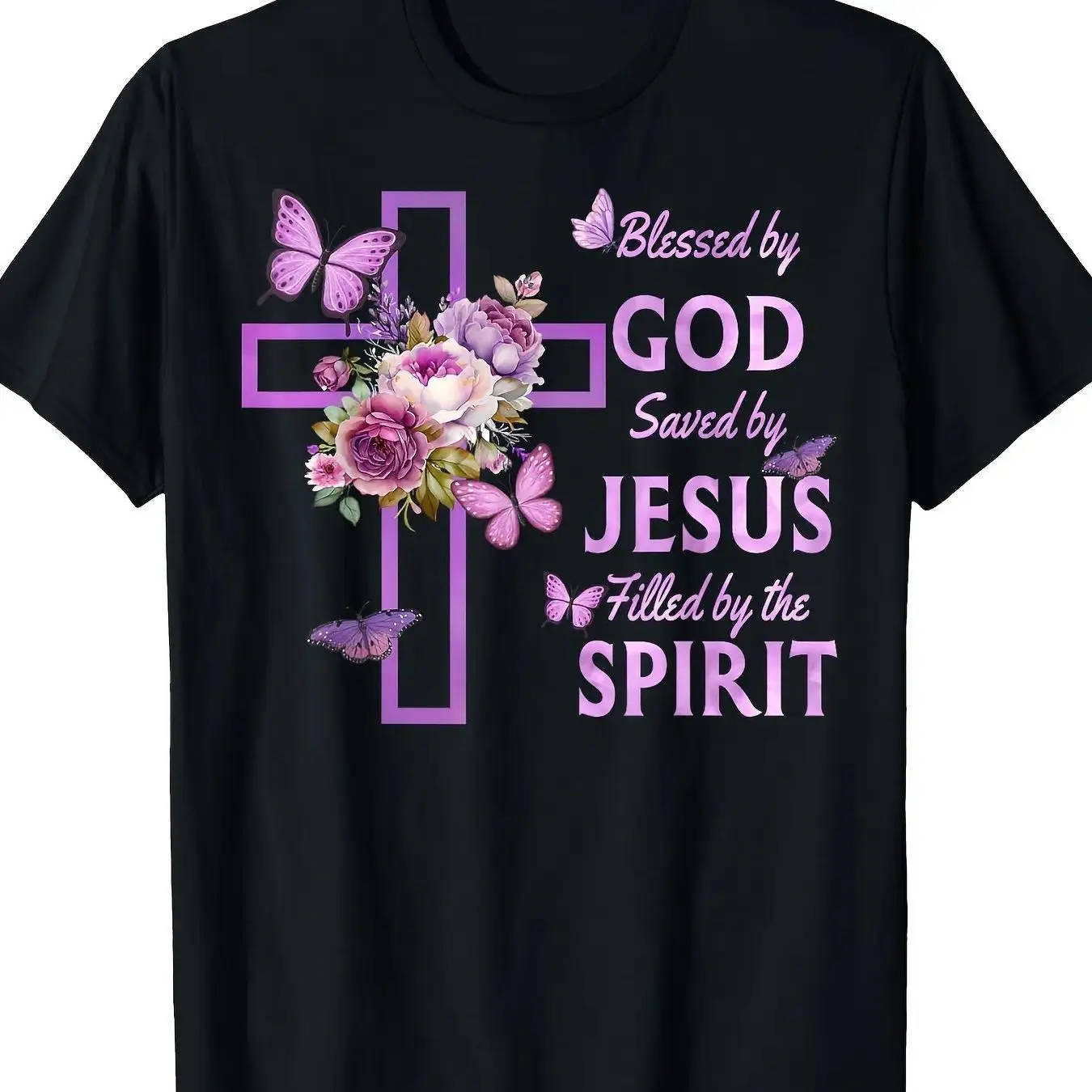 Men's Inspirational Blessed by God, Saved by Jesus Christian T-Shirt - Soft Cotton Blend with Purple Floral Cross Design, Short Sleeves, Round Neck - Ideal for Daily Wear & Casual Outings Crewneck Menswear Top Hoodie