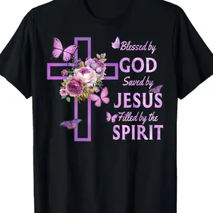 Men's Inspirational Blessed by God, Saved by Jesus Christian T-Shirt - Soft Cotton Blend with Purple Floral Cross Design, Short Sleeves, Round Neck - Ideal for Daily Wear & Casual Outings Crewneck Menswear Top Hoodie