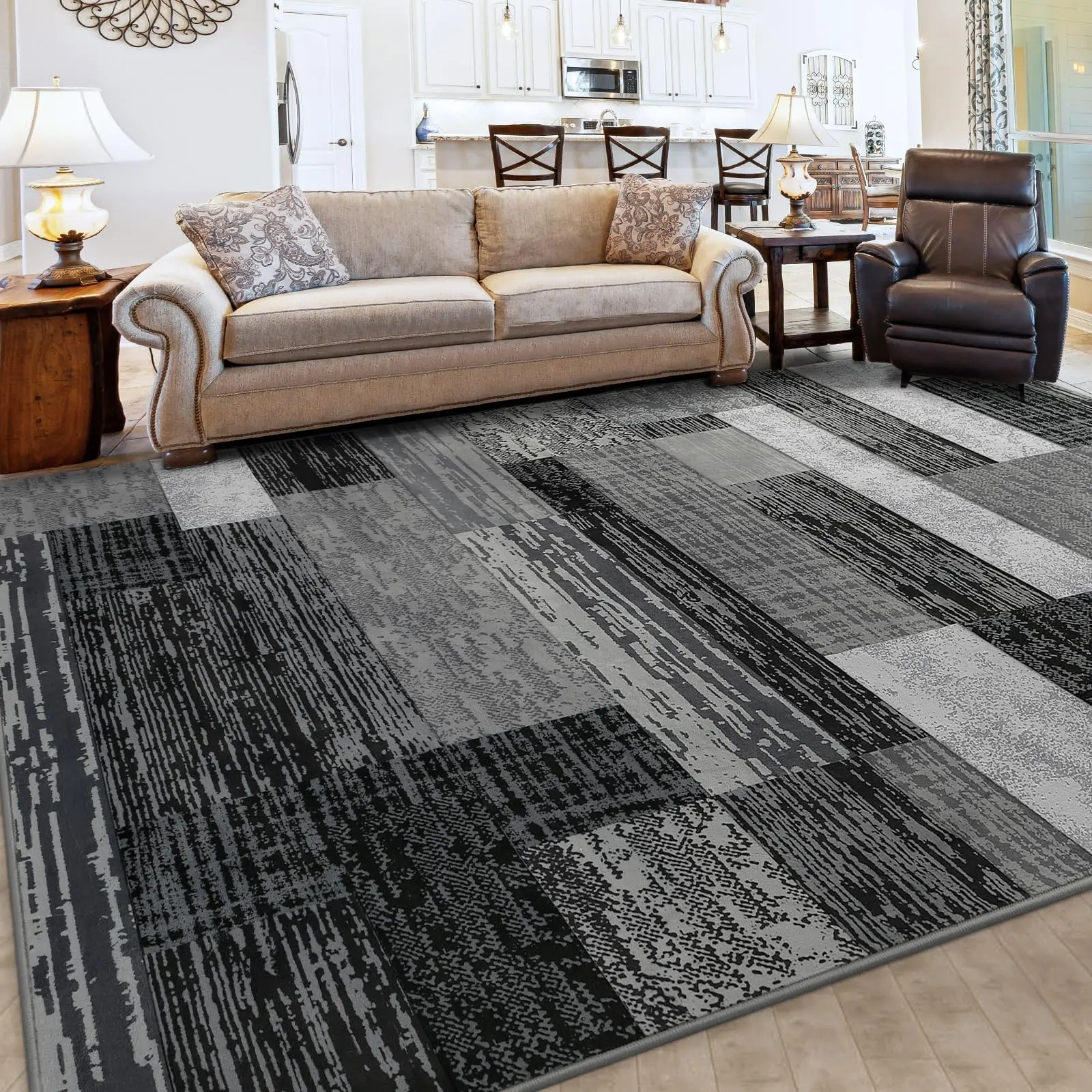 9x12 Modern Geometric Patchwork Area Rug,  Large Rugs for Living Room, Indoor Rugs for Bedroom, Throw Carpet Floor Decor for Entryway Dining Room Office Nursery,Grey, Brown, Blue, Beige, 2x6, 4x6, 5x8, 6x9, 8x10, 9x12 Feet Contemporary Rugs Low Pile Rug