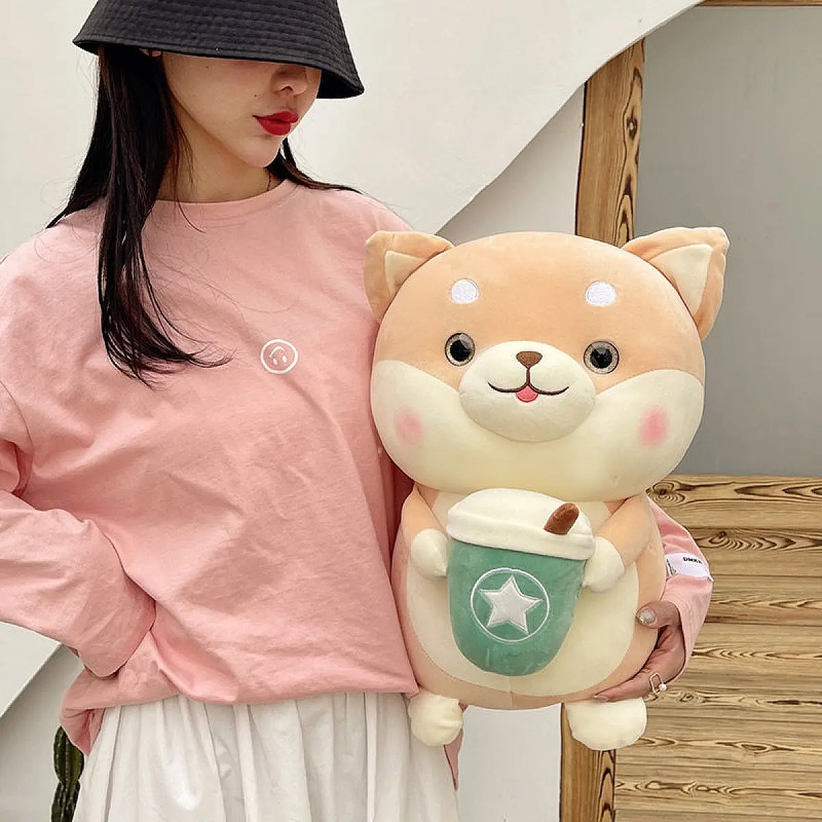 Plush Toy Shiba dog  with Drink - Adorable & Huggable! Perfect for Dog Lovers, Kids & Adults. Bring Home This Cute Companion with a Fun Drink Detail, 17".