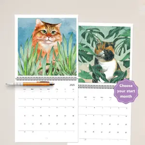 Cats and Nature 2026 Wall Calendar,  Watercolor Outside Cat Designs for Nature & Cat Lovers, Customizable Start Month, 8.5" x 8.5", Premium Paper, Spiral-bound, Whiskers in the Wild Cat Mom Gift for Cat Lovers, by BohemiWANDERS