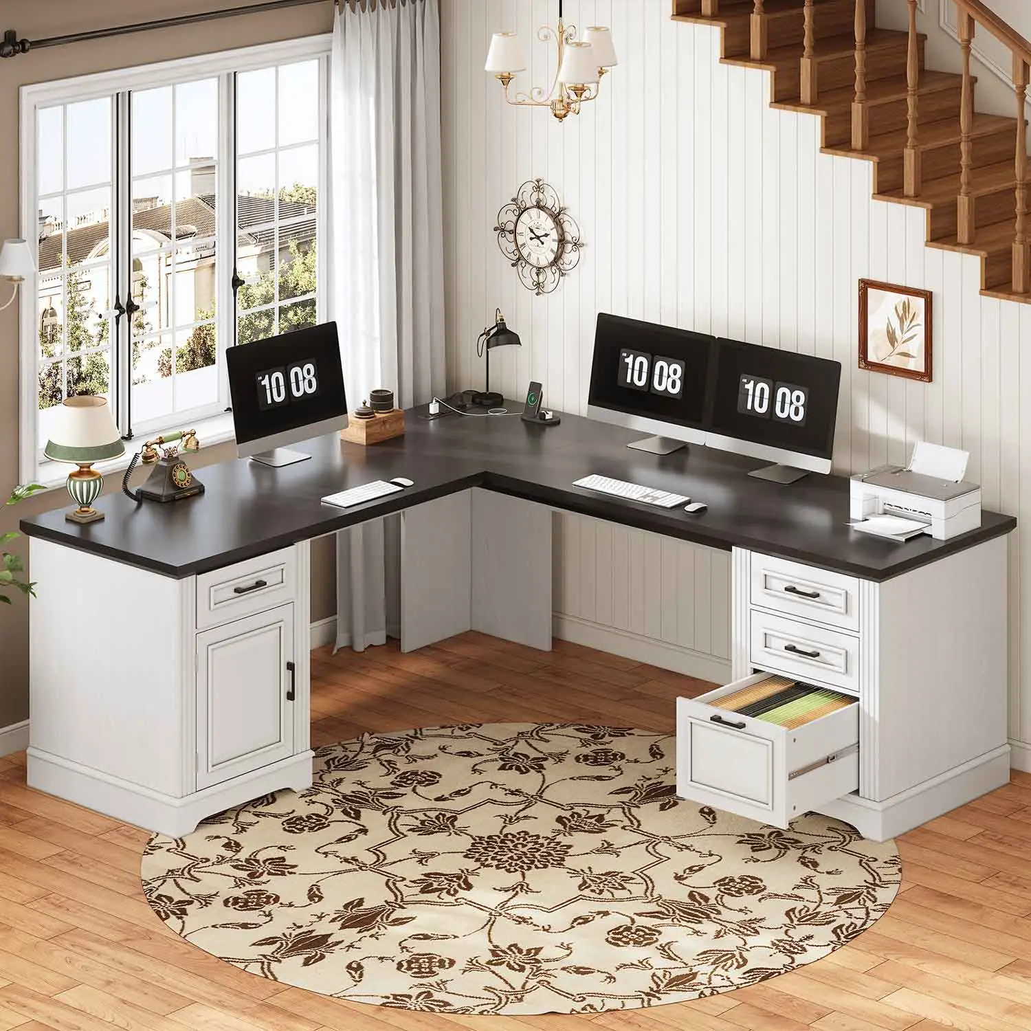 Sedeta 69-Inch Farmhouse Modern L-Shaped Executive Ergonomic Office Desk - Sturdy Stable Wooden Desktop Office Furniture with Drawers, Cabinet, Large Storage Space, Assembly Required for Home, Business Use