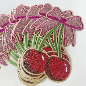 Sequin Iron On Cherry Patch with Glittery Design and Decorative Elements, Ideal for Crafting and Hobbies