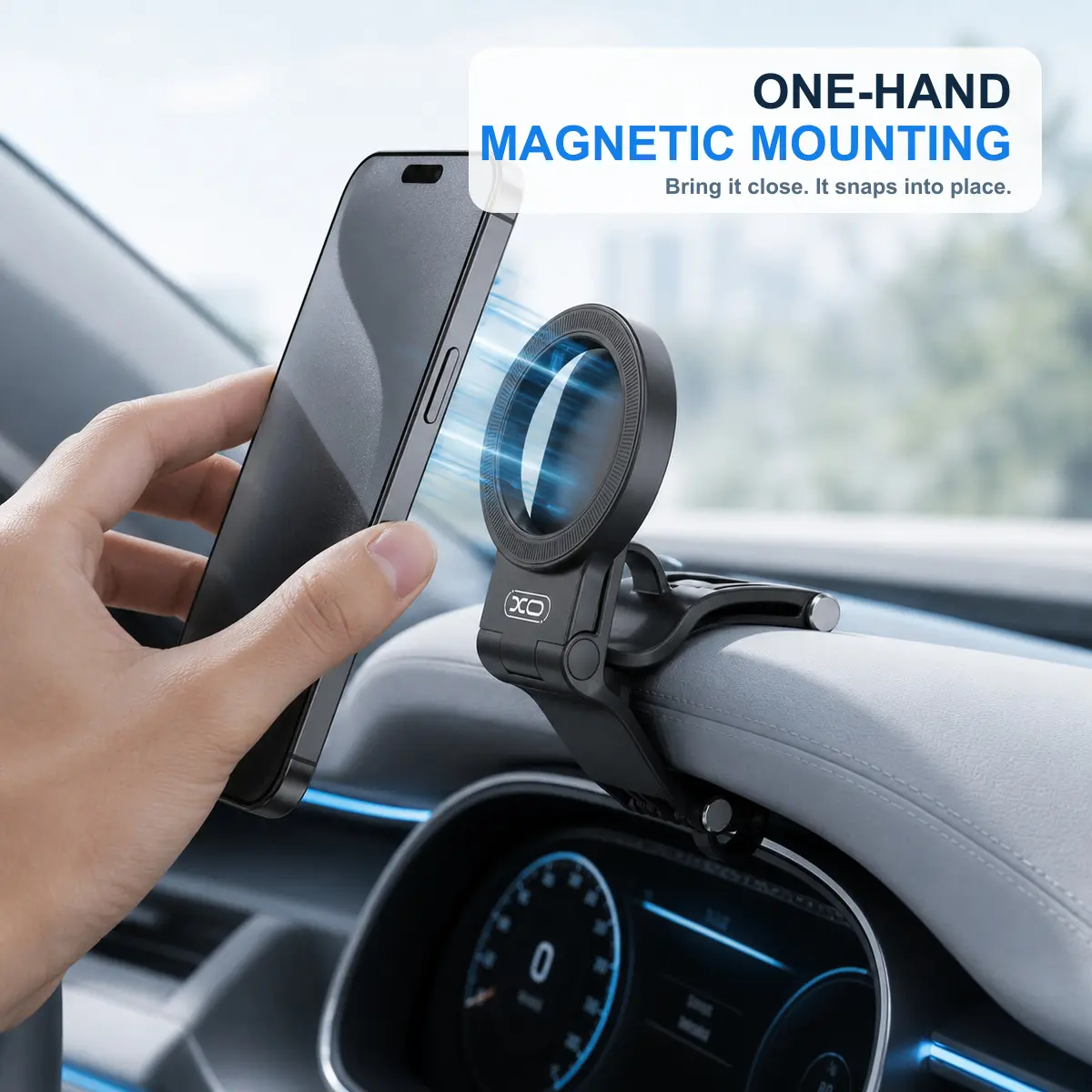 Magnetic Car Phone Mount, Dashboard Edge Clip Holder with 95° Adjustable Foldable Design, 1-Hand Mounting, Portrait & Landscape View Compatibility for Phones with Built-In Magnetic Attachment
