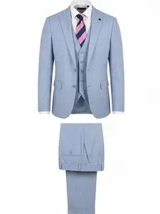 Mens Sky Blue 3-Piece Tailored Suit Set - Long Sleeve Blazer, Matching Vest, Fabric Trousers, Formal Menswear