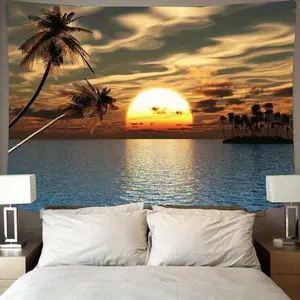 Seaside Sunset Backdrop Beach Ocean Backdrop Palm Tree Sunset Background Cloth Tropical Tapestry Wall Hanging Photography Background Polyester Fiber Bedroom Living Room Outdoor Party Event Studio Decor Prop Wall Art