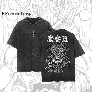 Mahoraga Tee Menswear Shikigami Jujutsu Kaisen Anime Tshirt Graphic Print Washed Retro Cotton T-Shirt Black Acid Wash Unisex Summer Casual Short Sleeve