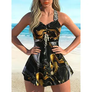 Black Gold Marble Print Swimsuit Set with Polka Dot Cross Straps Open Back Ruched Adjustable Drawstring on the Bust Women's Ruffle Hem Skirt Set KA-P381-01swimsuitbikiniswimwearspringbreakswimsuithighwaistedbikini