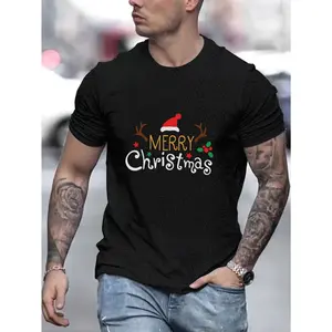 Men's Festive "Merry Christmas" Print T-Shirt Round Neck Short Sleeve Summer Casual Multiple for Festive Occasions