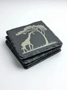 Giraffe & Acacia Tree Design Set of 4 Laser Engraved Slate Coasters Handcrafted Natural Slate with Non-Slip Felt Pads for Coffee Tables Bars or Dining Areas