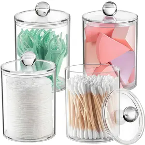 LMMAKE Stackable Airtight Durable Plastic Bathroom Vanity Organization Canister Jars (10 oz Capacity) - Home Organizer Bottles with Lid for Q-Tips, Cotton Balls, Bath Salts - Transparent