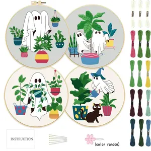 4counts ghost themed embroidery DIY handmade kit, Embroidery Design Set, with white ghost and green plant pattern fabric decoration, including 1 embroidery hoop, suitable for adult beginners and sewing enthusiasts, Halloween party decoration