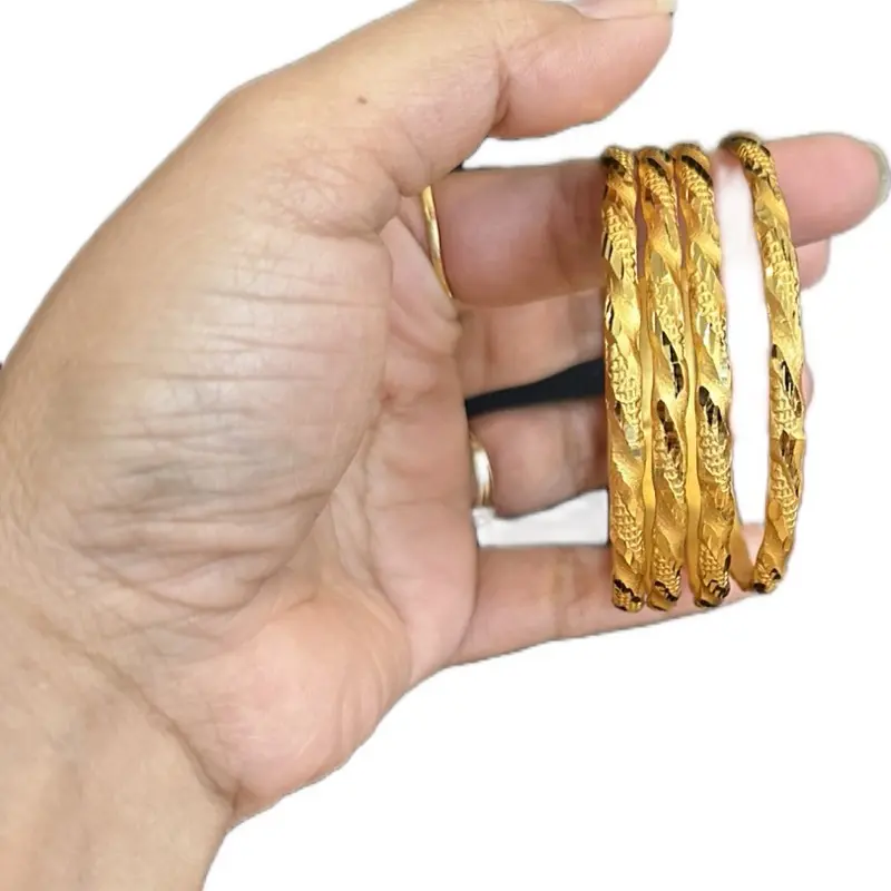 Traditional Nepali Gold-Plated Bangles - Set of 4, Cultural Wear Accessory with Nepali Motif for Stacked Look