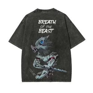 2026 Demon Slayer Inosuke Hashibira Boar Head Vintage Washed T-Shirt Street Style Loose Short Sleeve Men's and Women's Loose Top