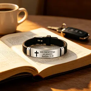 Christian Cross Bracelet for Men Women, Inspirational Bible Verse Matthew 19:26 Stainless Steel Silicone Adjustable Wristband Faith Jewelry Gift