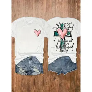 Thank God Trust God Faith Quote Graphic T-Shirt, Pink Heart Cross Print Tee, Classic Crew Neck Shirt, Christian Casual Short Sleeve Top, Trendy Faith Aesthetic Cotton Tee for Christian Believers, Religious Style Fans and Casual Fashion Enthusiasts