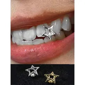 1pc Fashion Tooth Jewelry, Hollow Star Striped Zirconia Combination, Single Arc Hollow Unique Hip Hop Tooth Decoration, Suitable for Parties, Everyday Wear, Gifts, Stage Props, Oral Cosmetic, Multicolor
