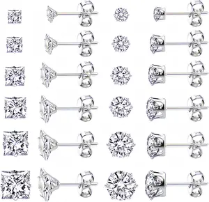 Unisex 12-Pair Hypoallergenic Stainless Steel 6-Prong Stud Earrings Set, AAA+ Cubic Zirconia, Minimalist Elegant Design, Multi-Size 3-8mm, Daily Wear Gift for Women & Men, Fashion Costume Jewelry Accessories, Earring For Women, Men's Earrings