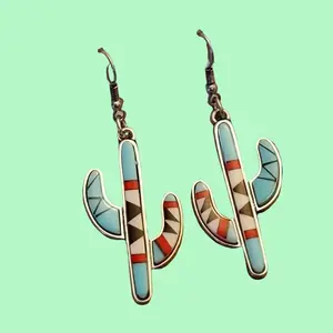 Fashionable Turquoise Aztec Earrings with Vibrant Cactus Design Pendant Made of Silver Plated Zinc Alloy Perfect Gift for Stylish Women