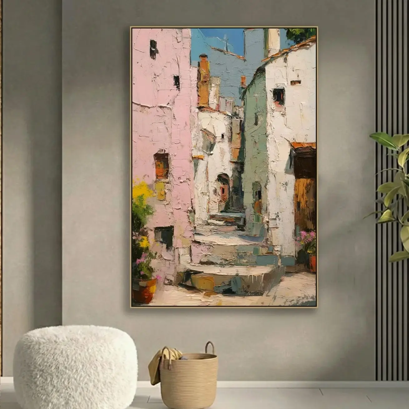 Mediterranean Italian Village Wall Art, Textured Oil Painting Canvas, Colorful European Townscape Artwork, Rustic Living Room Decor | Framless Poster C
