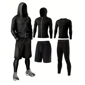 4pcs Men'S Athletic Sportswear Set - All-Season Knit Polyester & Elastane Crew Neck Hoodie, Shorts, and Leggings - Breathable, Quick-Dry, Skin-Fit Layers for Running & Fitness
