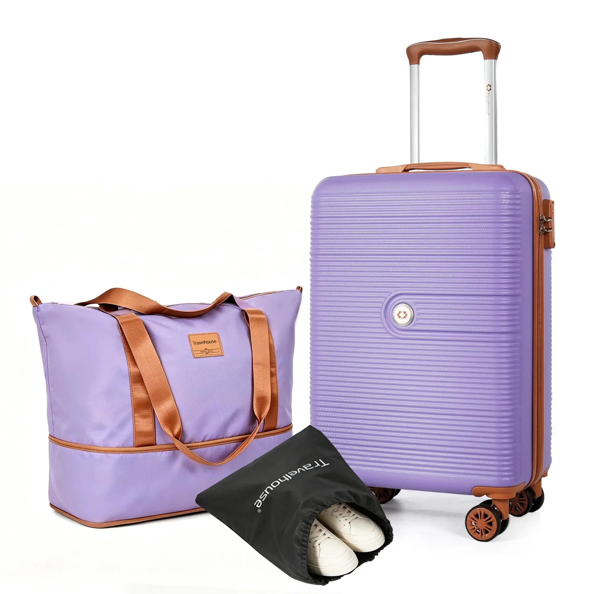 Travelhouse 3-Piece Hardside Spinner Carry on Luggage Set with TSA Lock and Travel Bag, Purple