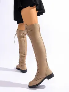 Vintage Strap Over-The-Knee Boots, Matte Thick Sole Low Heel Knight Boots, Slimming Versatile Fall Winter Women's Round Toe Boots for Work, Dates, Holidays