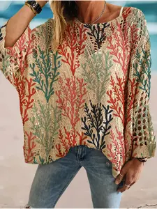Women's Coral Ocean Print Long Sleeve Knit Top, Casual Elegant Vacation Style Sweater, Loose Batwing Shoulders, Spring Summer Fall Fashion