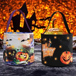 Halloween Trick or  Candy Bags LED Light Up Pumpkin Bucket, Collapsible  Candy Basket, Fabric   Bags for  Halloween Party (Black+)