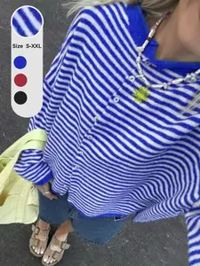 Women's Fashion Round Neck Striped Long Sleeve T-Shirt, Casual Colorblock Button Soft Knit Sweater, Loose Elegant Pullover Outerwear Knitwear