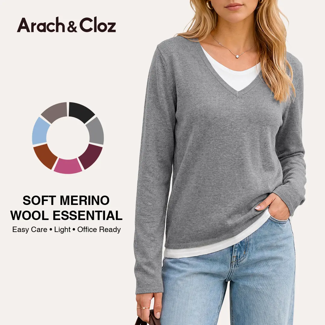 Arach&Cloz Women's Wool Blend 2 in 1 Patchwork V Neck Casual Sweater Tops Fall Essentials Womenswear Knitting Knitwear Long Sleeve SohoChic