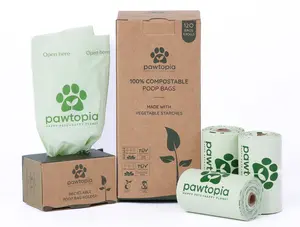 Pawtopia Certified Home Compostable Dog Poop Bags (120 Bags + 1 Paper Dispenser), Value pack, Biodegradable Poop Bags, Cat Litter, Vegetable Starches, Eco-friendly Dog Waste Bags, Leak proof, Easy to Open, Give Back